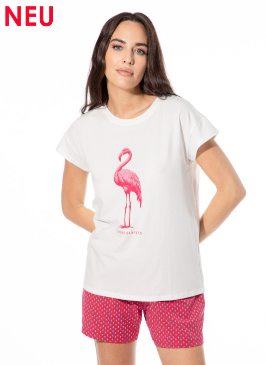 SHORT STORIES 622108 T-Shirt white pebble/flamingo print (47% Baumwolle, 47% Modal, 6% Elasthan)