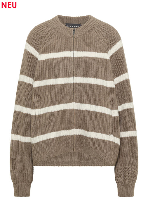 ELBSAND Orya Knit Cardigan soft slate + cloud white stripe (55% Lammwolle, 45% Baumwolle)