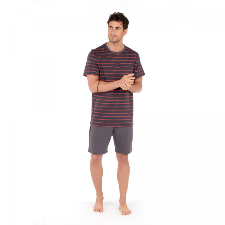 HOM Croisette Short Pyjama grey/orange stripes (100% Baumwolle)