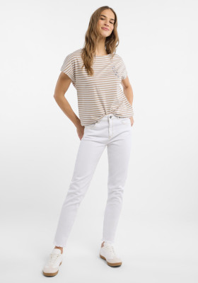 ELBSAND Selma T-Shirt camel+bright white stripes (50% Baumwolle, 50% Polyester) L