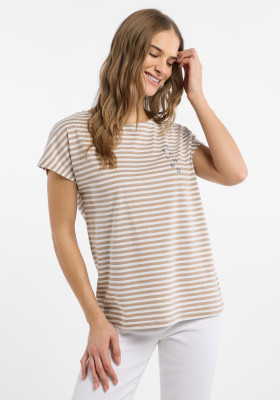 ELBSAND Selma T-Shirt camel+bright white stripes (50% Baumwolle, 50% Polyester) L