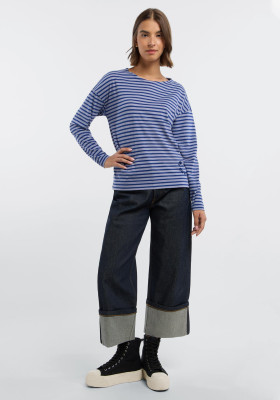 ELBSAND Tooske Longsleeve sky haze + electric blue stripes (50% Baumwolle, 50% Polyester) M